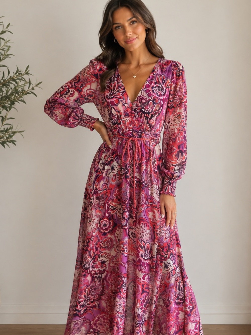 BTFL-life NWT XS Women's Pink Floral V-Neck Maxi Dress with Tie Waist